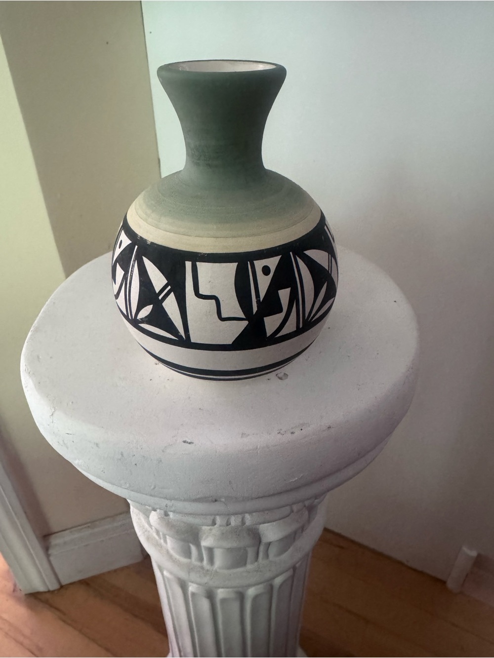 Handcrafted Southwestern Style Geometric Patterned Vase in Sage Green and Black